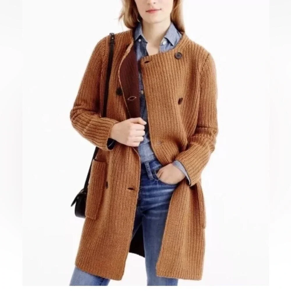 J.Crew Collection Double Breasted Brown Knit Sweater Jacket Cardigan Coatigan S